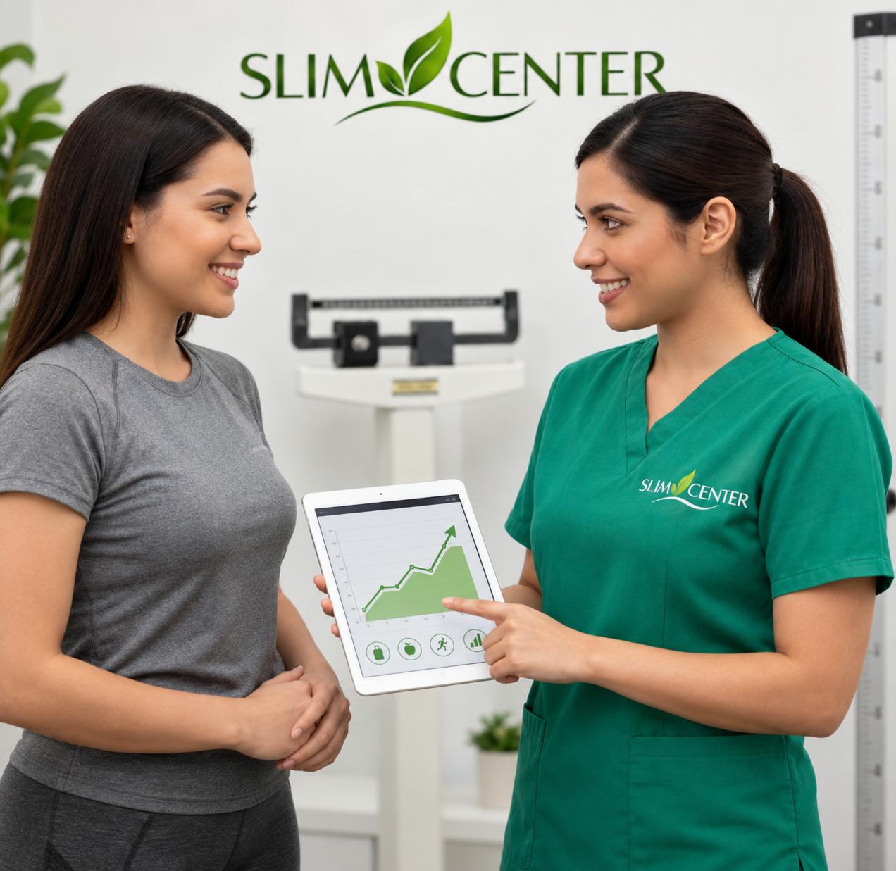 Profesional de Slim Center explicando el progreso a una paciente